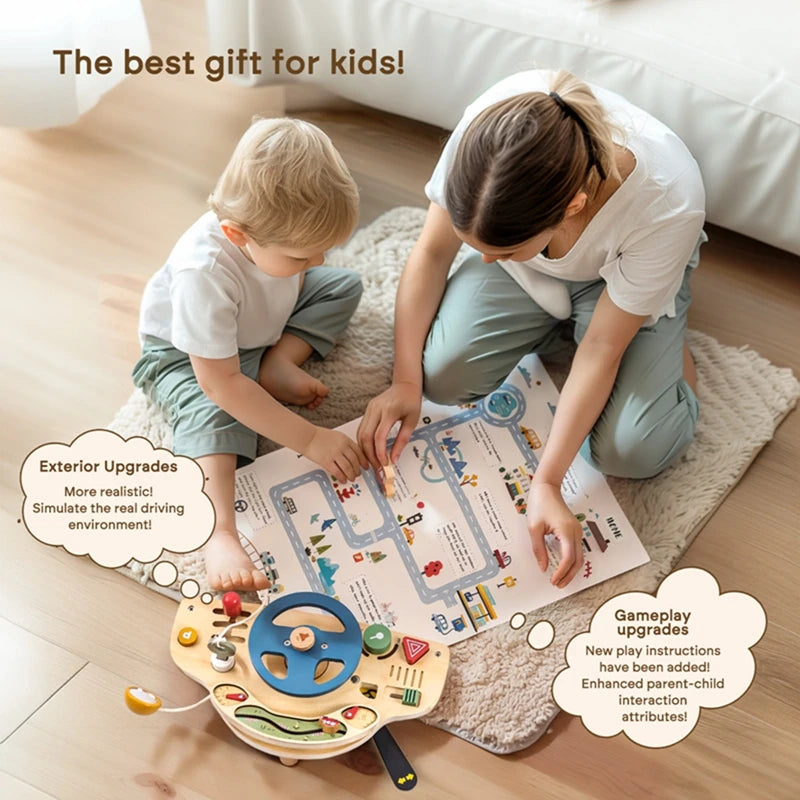 Baby Wooden Montessori Toys Steering Wheel Busy Board Wooden Sensory Toys for Toddlers Preschool Travel Learning Activities Gift