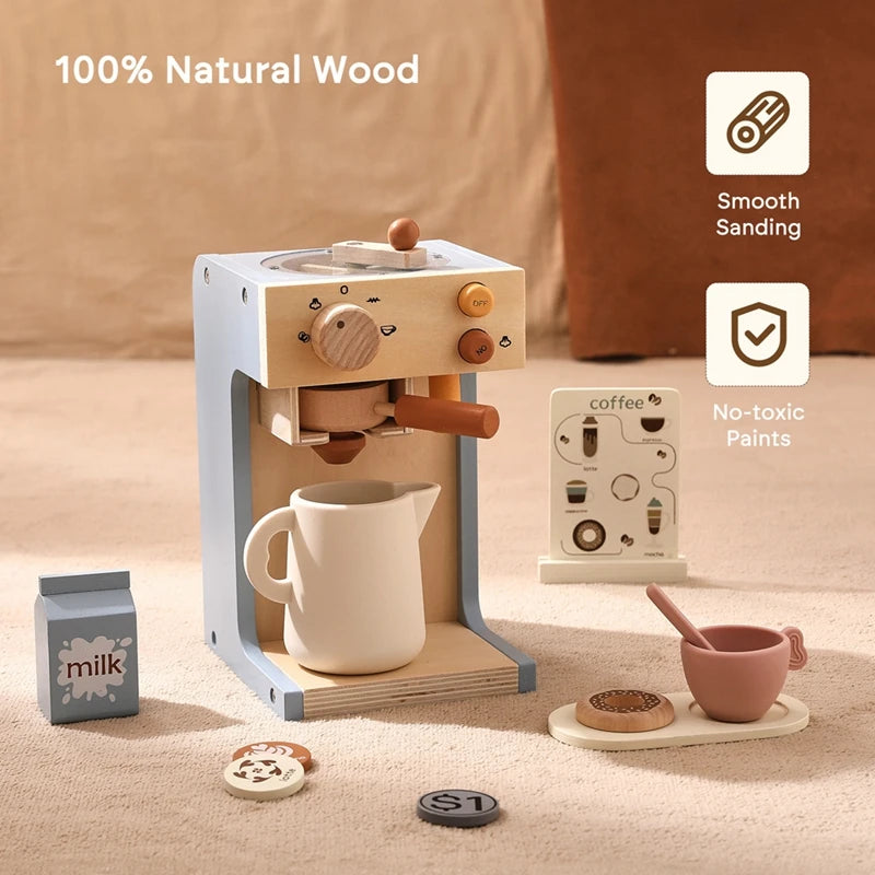 Kids Kitchen Toy Set Wooden Coffee Maker Set Simulation Cookie Maker Kit Pretend Play Educational Toy Block Educational Toy Gift