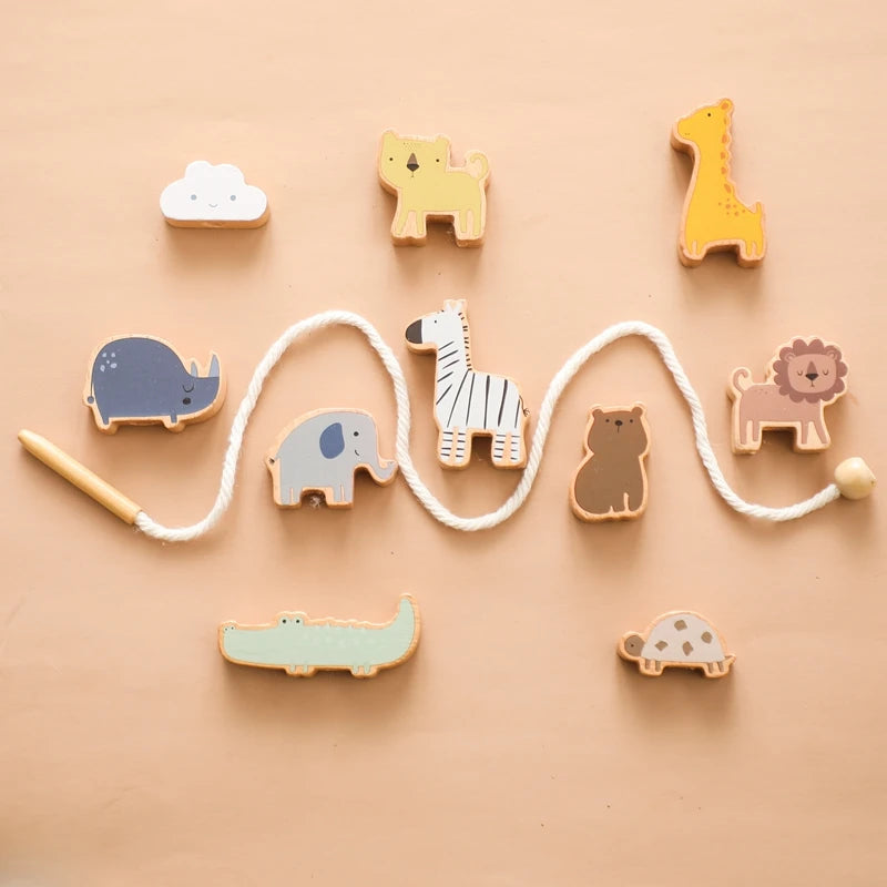 1Pcs Baby Wooden Animal Threading Toys Montessori Zoo Theme Stacking Blocks Puzzle Infant Animal Stringing Threading Toys Gifts