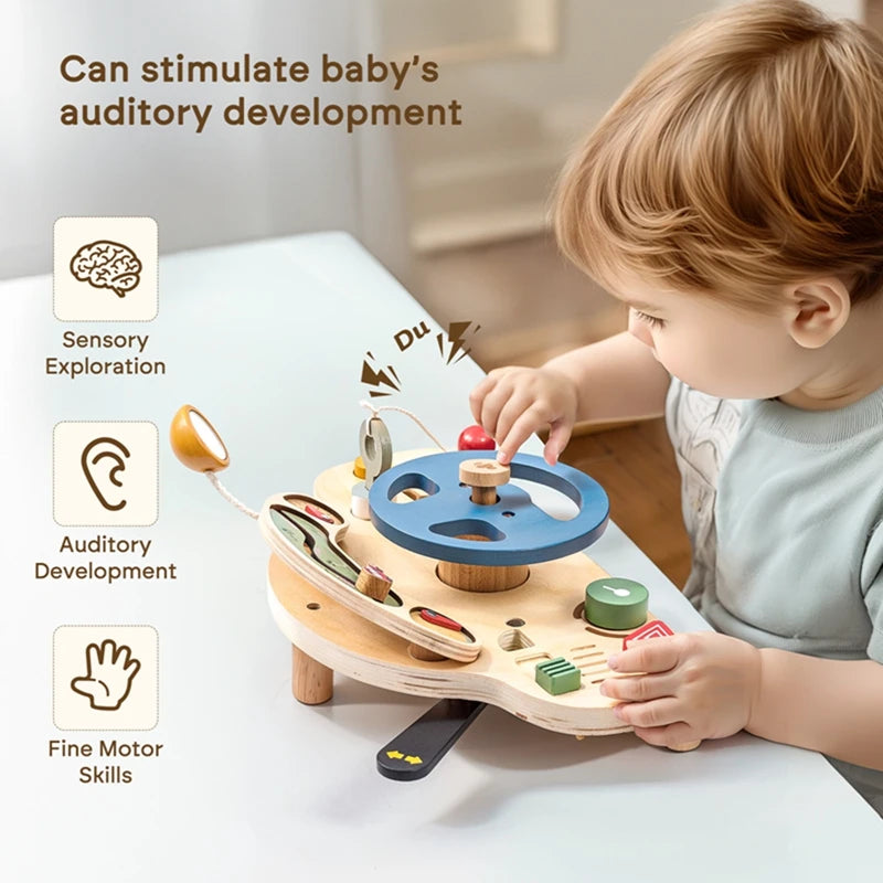 Baby Wooden Montessori Toys Steering Wheel Busy Board Wooden Sensory Toys for Toddlers Preschool Travel Learning Activities Gift