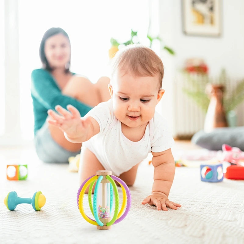 Baby Rattle Toy Wood Teether Bed Bell Silicone Montessori Ball Baby Sensory Touch Toy Kid Dental Care Gum Hand Molar Stick Gift