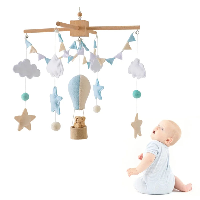 Wooden Baby Rattles Toy 0-12 Months Soft Felt Cartoon Hot Balloon Bed Bell Newborn Music Box Holder Bracket Infant Crib Toy Gift