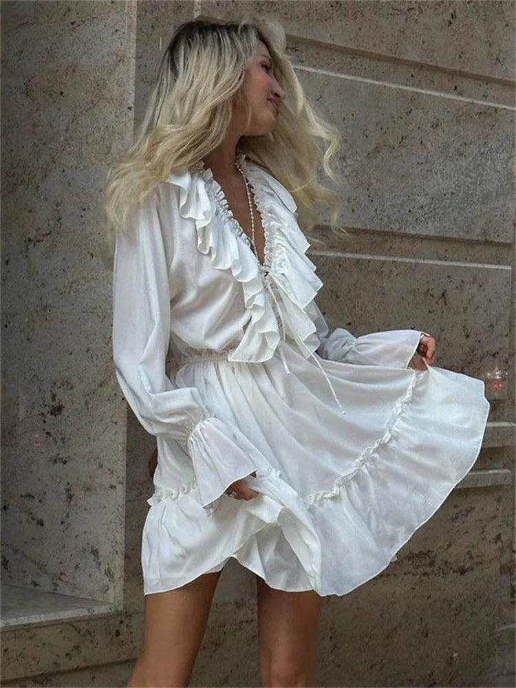 Tossy Ruffled V-Neck White Mini Dress Female
