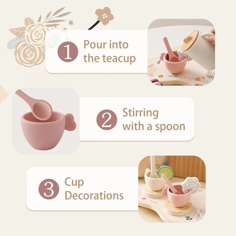 Kid Wooden Afternoon Tea Set Toys Pretend Playing House Role Simulation Kitchen Play Game Early Educational Toys Girls Boys Gift