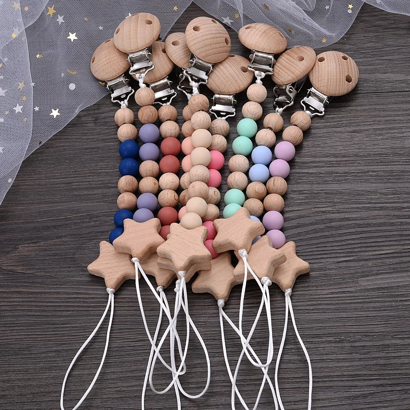 Baby Silicone Teether Pacifier Chain Bracelets Set Round Wooden Dummy Holder Clip For Baby Teething Nipple Chain Nursing Toys