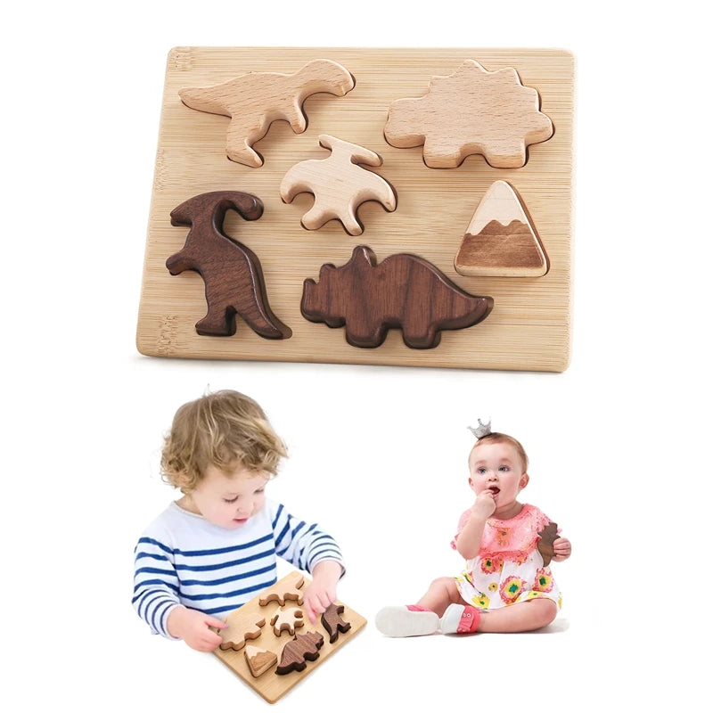 Montessori Wooden Puzzle Toy 3D Dinosaur Stacking Blocks Geometric Baby Educational Toys Learning Diverse Shape Building Blocks
