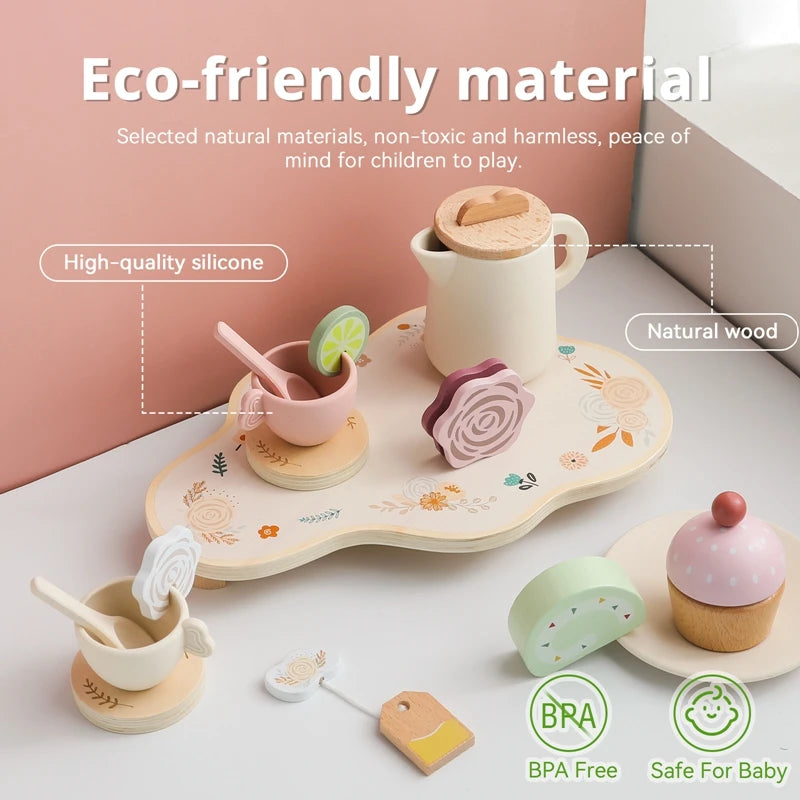 Kid Wooden Afternoon Tea Set Toys Pretend Playing House Role Simulation Kitchen Play Game Early Educational Toys Girls Boys Gift