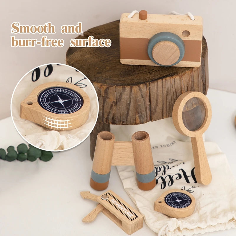 5pcs Outdoor Montessori Adventure Set Wooden Telescope Compass Toy For Children Wooden DIY Presents Nursing Gifts Outdoor Toys