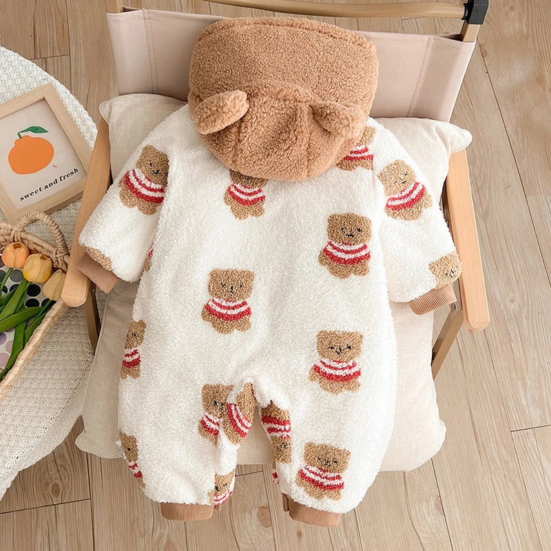 IYEAL New Autumn and Winter Cute Little Bear Hooded Warm Fleece Cotton Long-sleeve Jumpsuit for Baby Boy and Girls Baby Clothes