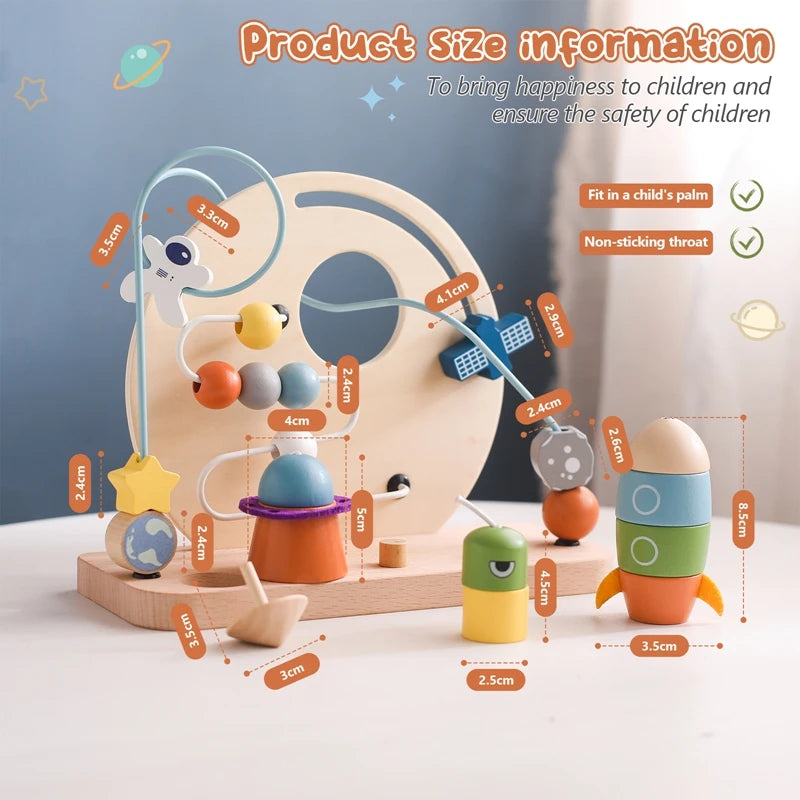 Baby Montessori Cartoon Rocket Satellite Blocks Toys Wooden Surround Planet Maze Toys Infant Color Recognition Educational Toys