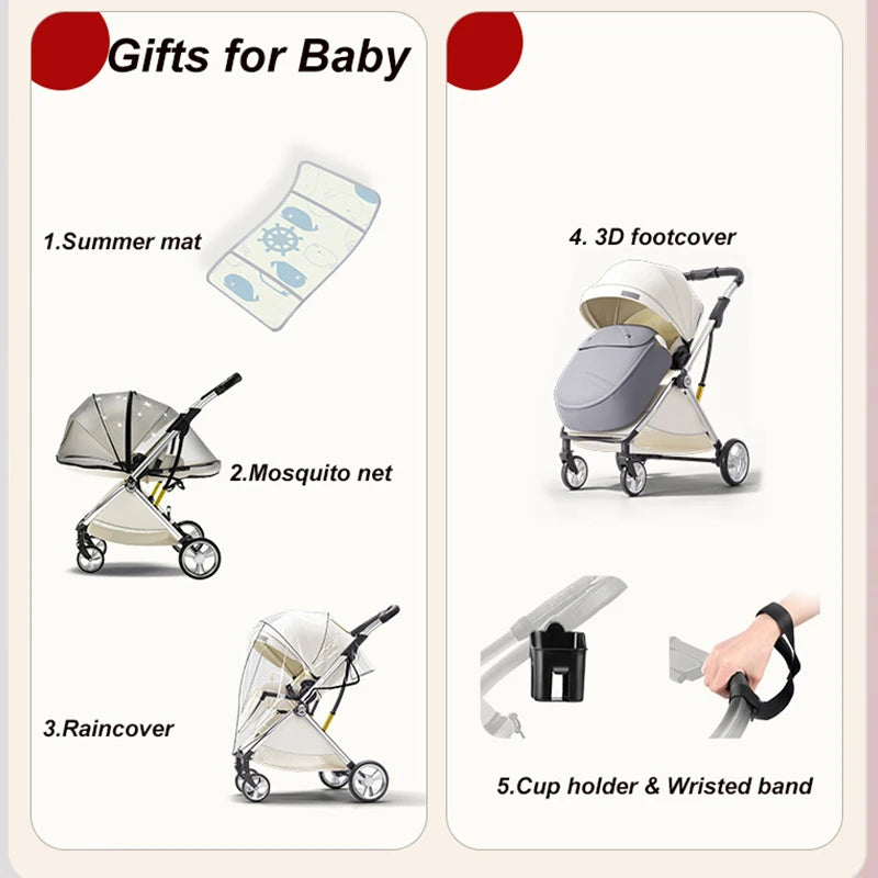 Luxurious Light High Landscape Baby Stroller Egg-shaped Seat for Newborn One Hand Recline Pushchair Pram Compact Size