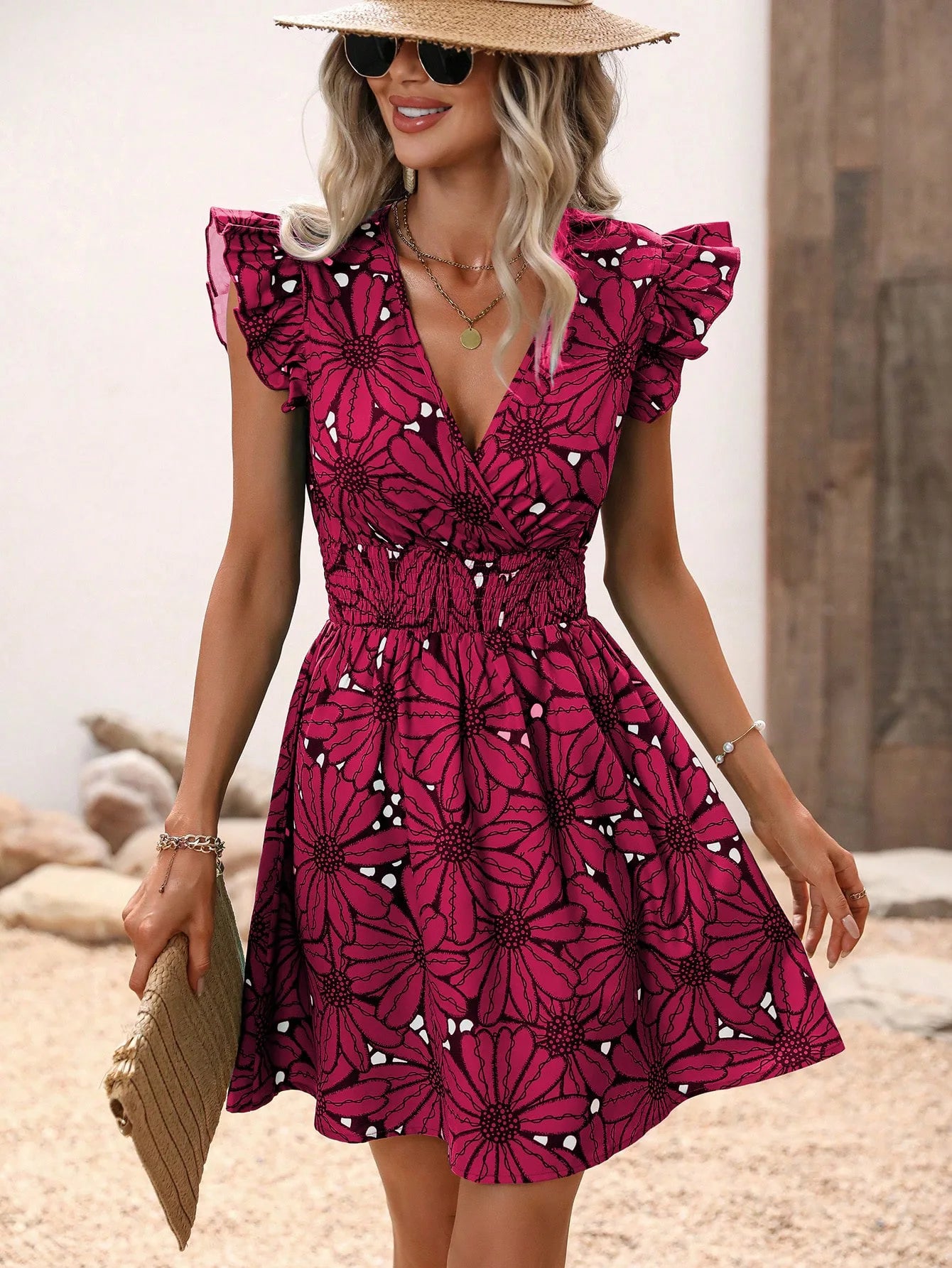 Flower Print V-Neck A-Line Dress