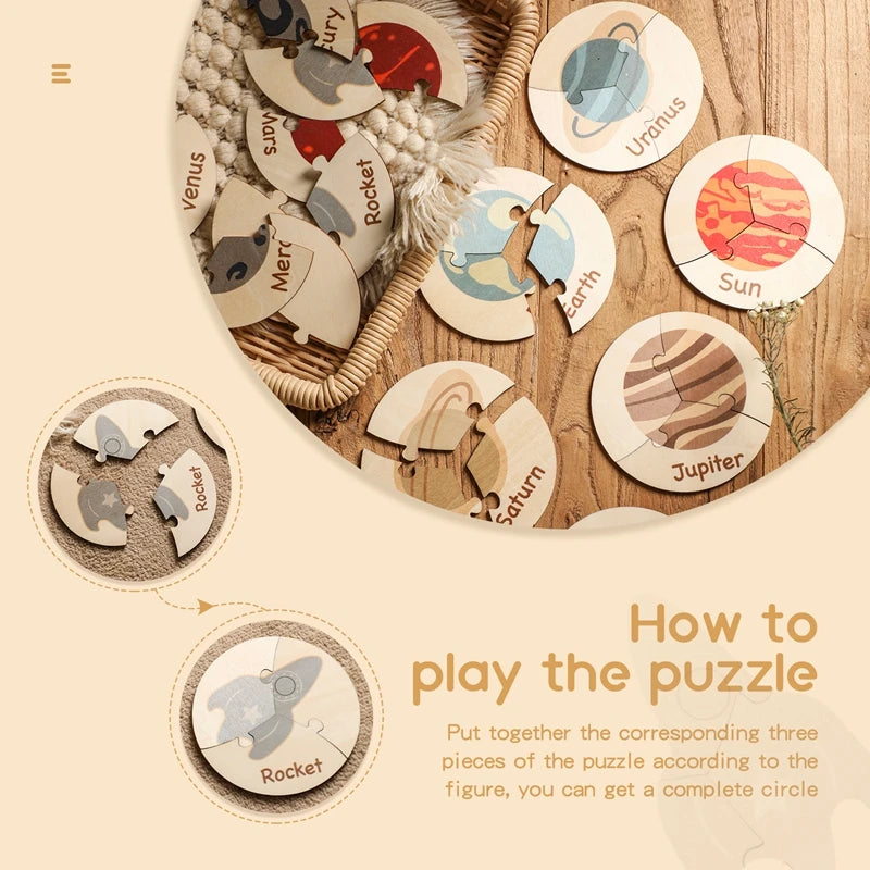 Wooden Puzzle Toy Children Cartoon Ocean Animal Planets Shape Puzzle Learning EducationToys Color Shape Cognitive Training Gift