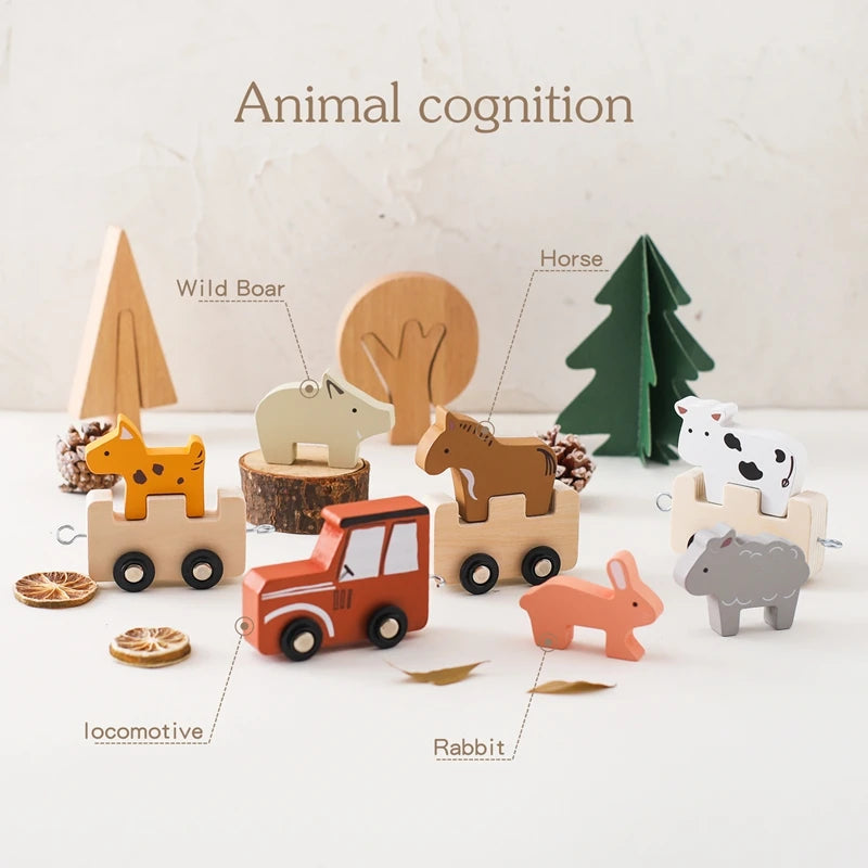 Baby Wooden Building Blocks Train Farm Animal Stacking Educational Toy Blocks Game Hands-on Queuing Ability Educational Kid Gift