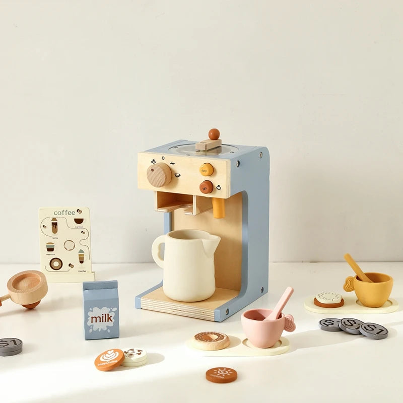 Kids Montessori Toys Wooden Kitchen Deluxe Coffee Maker Toys Children Cosplay Play House Educational Toys Baby Blocks Toys Gifts