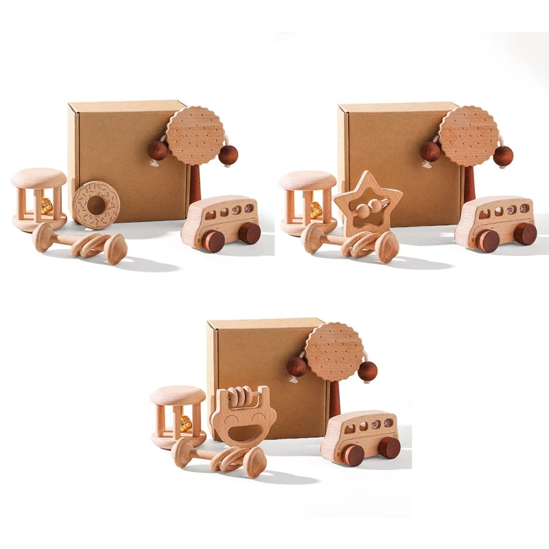 Baby Wooden Rattle Toys Beech Blocks Cartoon Car Rattle Toy Kid Hand Bell Educational Montessori Teething Play Gym Baby Toy Gift