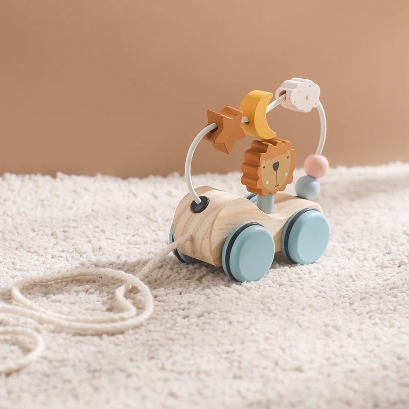 Wooden Montessori Baby Toys Animal Block Dragging Stars Moon Surround Train Hand-Eyes Coordination Stacking Toy Decoration Gifts