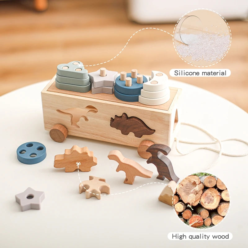 Kids Wooden Dinosaur Intelligence Car Toys Baby Stacking Multifunctional Shape Cognitive Toy Baby Montessori Education Toys Gift