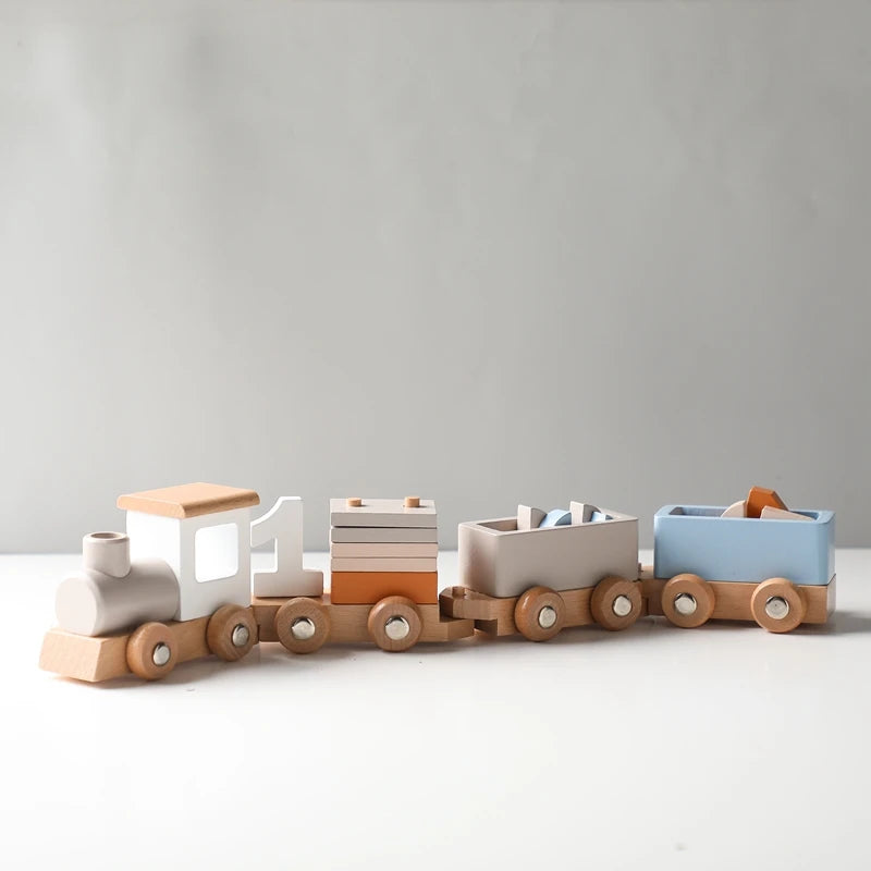 Baby Montessori Wooden Birthday Train Toy Simulated Train Toy Model Educational Toys Wooden Trolley Baby Learning Kid Toys Gifts