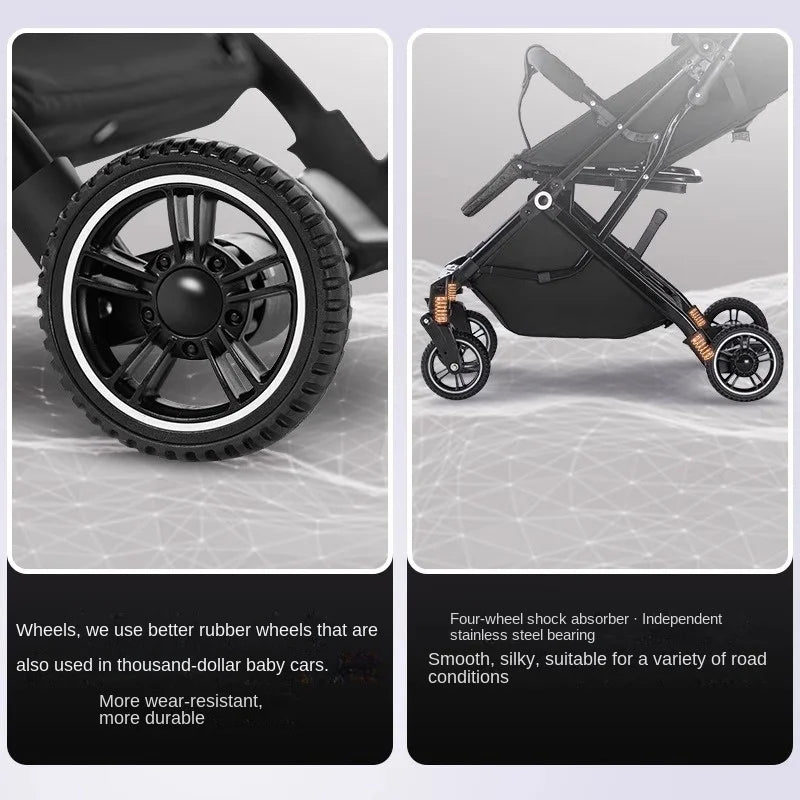 Lightweight Stroller Folding Simple High Landscape Newborn Stroller with Telescopic Trolley Shock Absorption Rubber Wheels