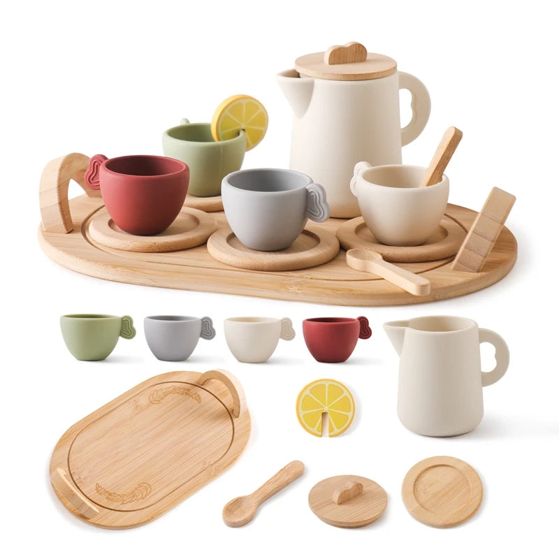 Kids Wooden Afternoon Tea Set Montessori Toy Children Playing House Kitchen Children Educational Learning Toys Blocks Baby Gifts
