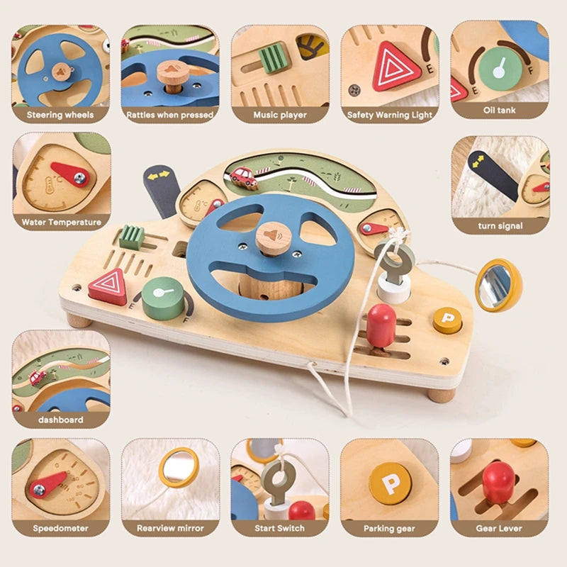 Baby Montessori Toys Steering Wheel Wooden Busy Board Wooden Sensory Toys Toddlers Preschool Travel Learning Activities Kid Gift