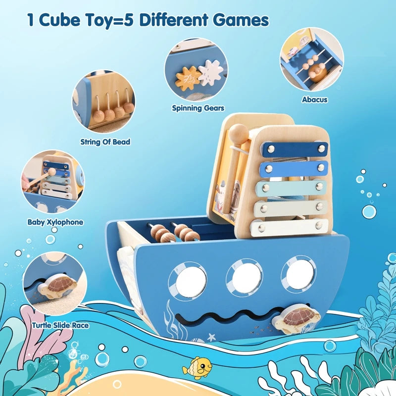 Wooden Ocean Sailboat 5-in-1 Toy Set Castle Stacking Multifunctional Shape Cognitive Toy Baby Montessori Education Toys Kid Gift