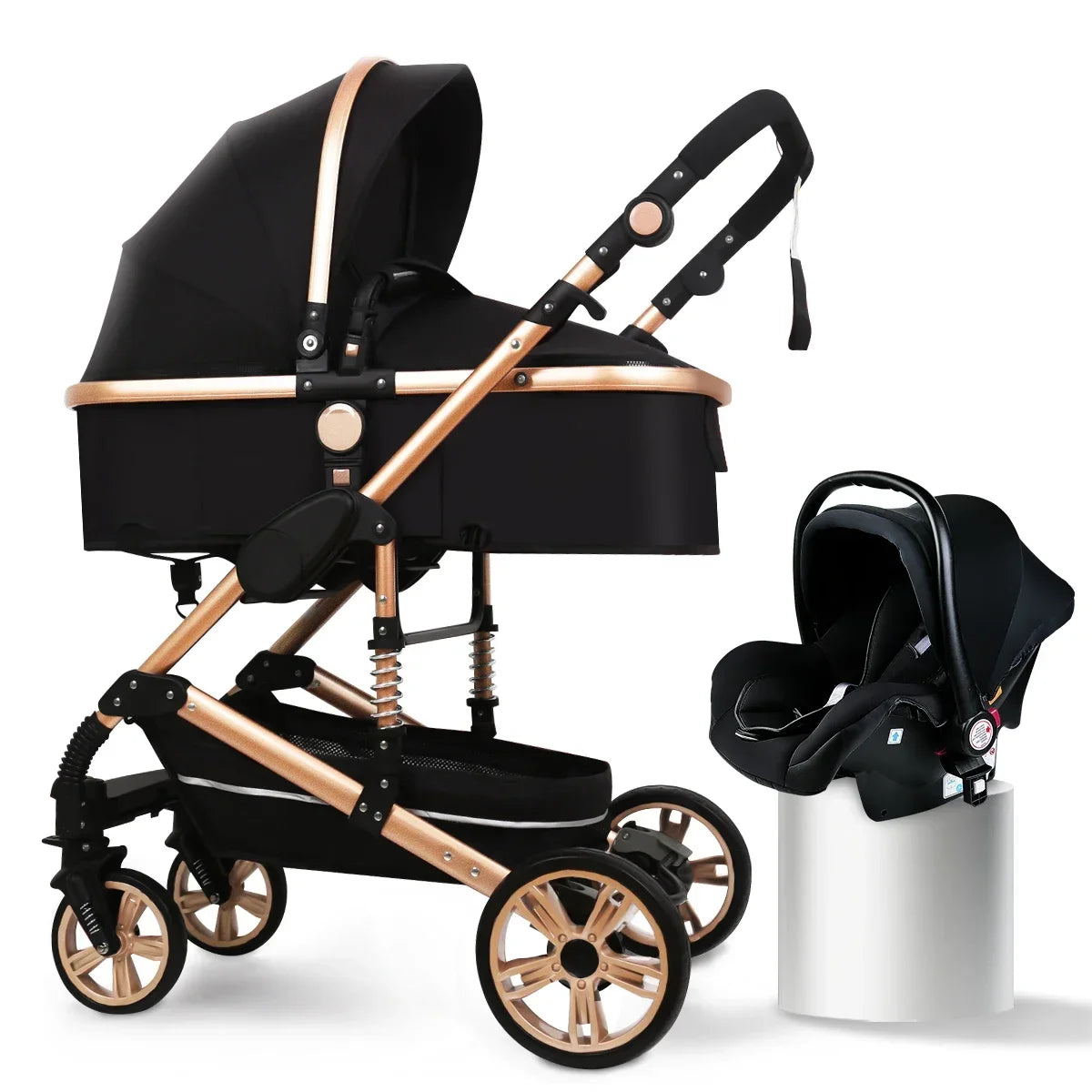 Multifunctional Baby Stroller with Car Seat, High-view Three-in-one Baby Stroller, Foldable, Two-way, Adjustable Armrests