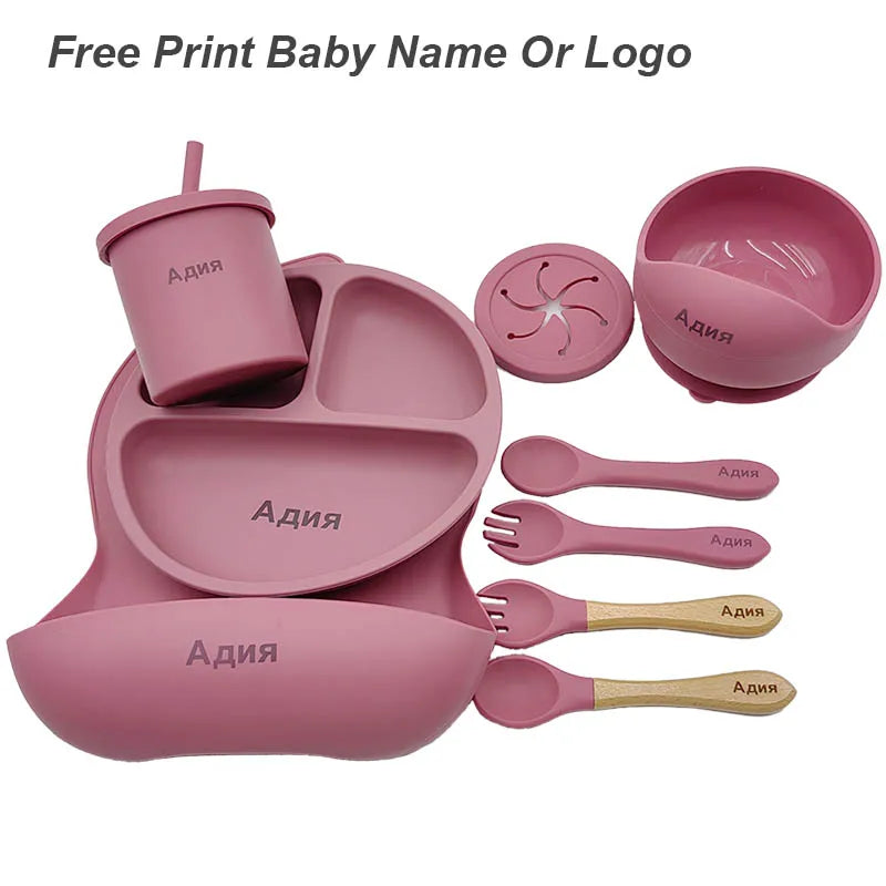 11Pcs Silicone Feeding Sets For Baby Personalized Name Children's Tableware Suction Cup Plates Bowl Spoon Feeding Cups BPA Free