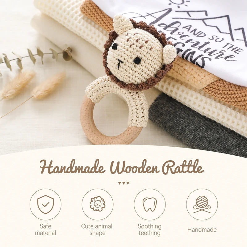 1Pc Baby Rattle Wooden Teether Music Ring Crochet Animal Rabbit Music Rattles Soother Bracelet Toddler Toys Baby Teething Gifts