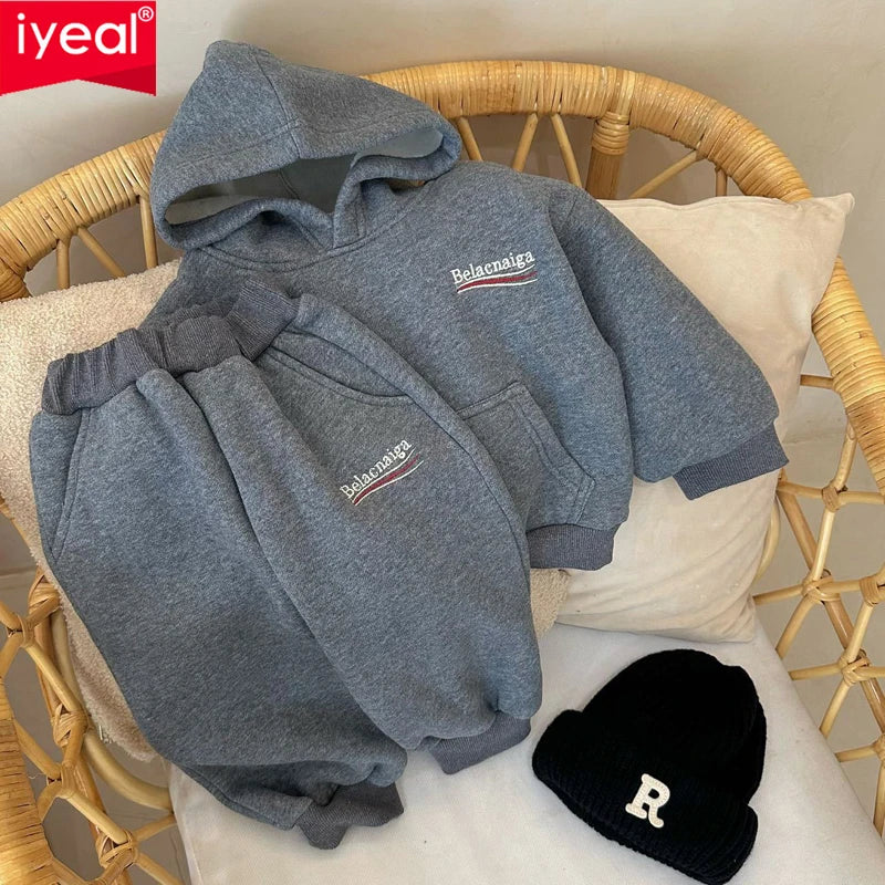 IYEAL Winter Children Warm Fleece Hooded Set Boys and Girls' Letter Hooded Sweatshirt+Warm Pants Two Piece Set