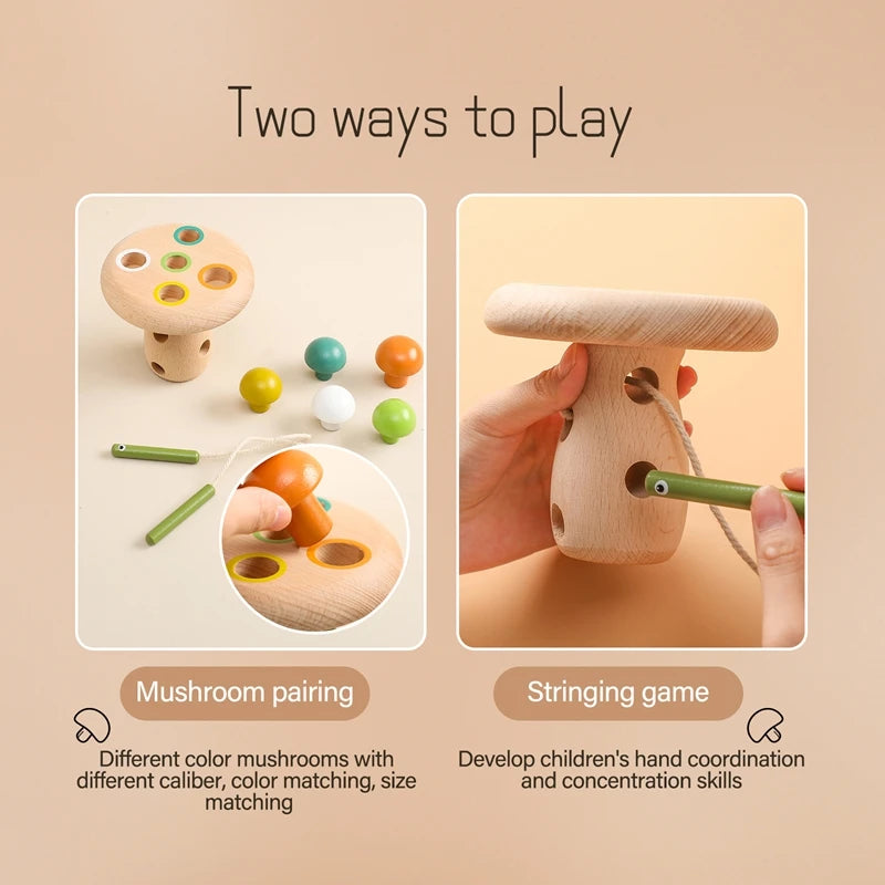 Montessori Wooden Lacing Toy for Kids DIY Mushroom 3D Threading Toys Fine Motor Skill Preschool Stringing Toys For Kid Baby Gift