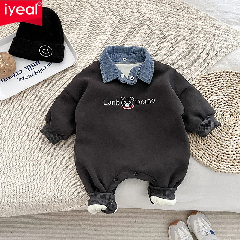 IYEAL Newborn Baby Boys Soft Velvet Warm Romper Autumn Winter New Baby Thickened Lapel Cute Cartoon Climbing Clothes