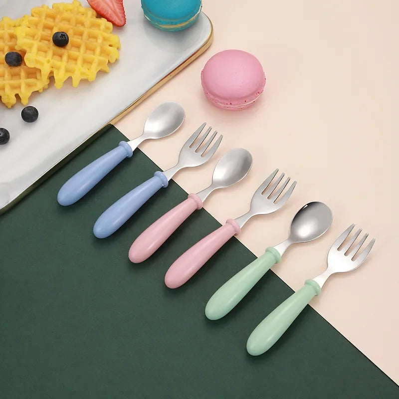 Infant Food Feeding Spoon Fork Baby Gadgets Tableware Set Utensil Stainless Steel Toddler Dinnerware Cutlery детская посуда