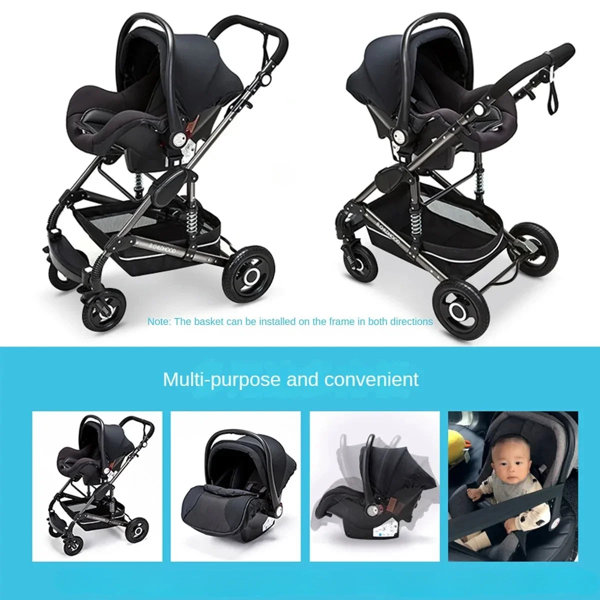 Multifunctional Baby Stroller with Car Seat, High-view Three-in-one Baby Stroller, Foldable, Two-way, Adjustable Armrests