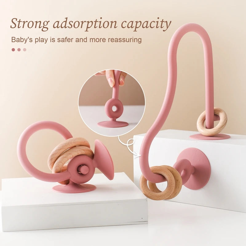 Baby Silicone Tabletop Toys Kids Wood Ring Soft Silicone Teether Toys Infant Puzzle Around Track Maz Teething Chewing Toys Gifts