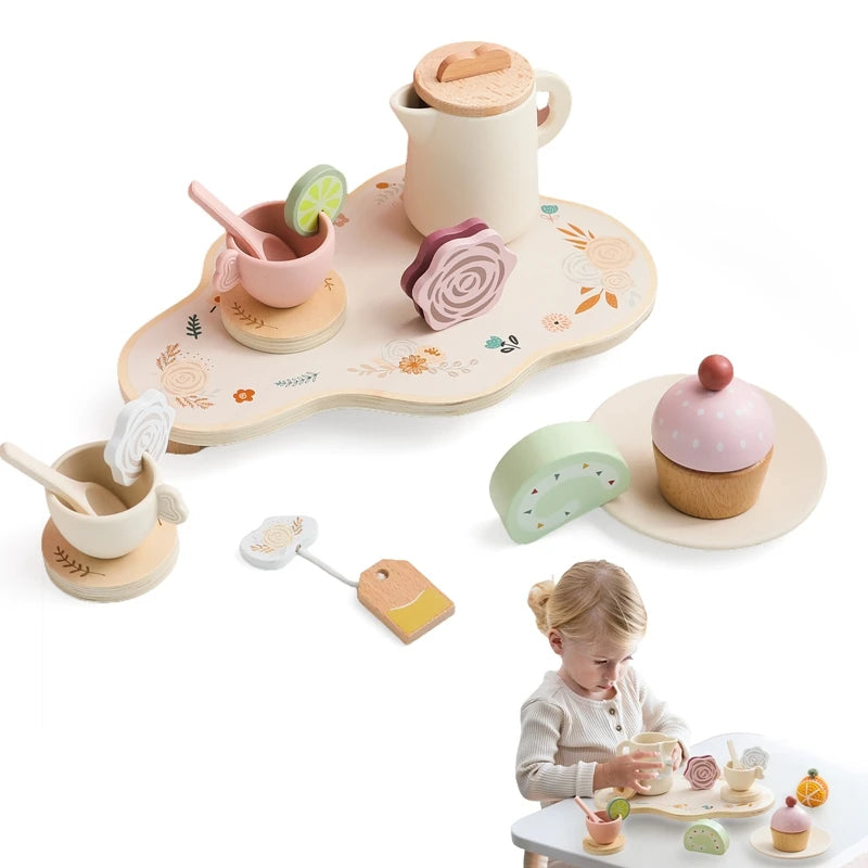 Kid Wooden Afternoon Tea Set Toys Pretend Playing House Role Simulation Kitchen Play Game Early Educational Toys Girls Boys Gift