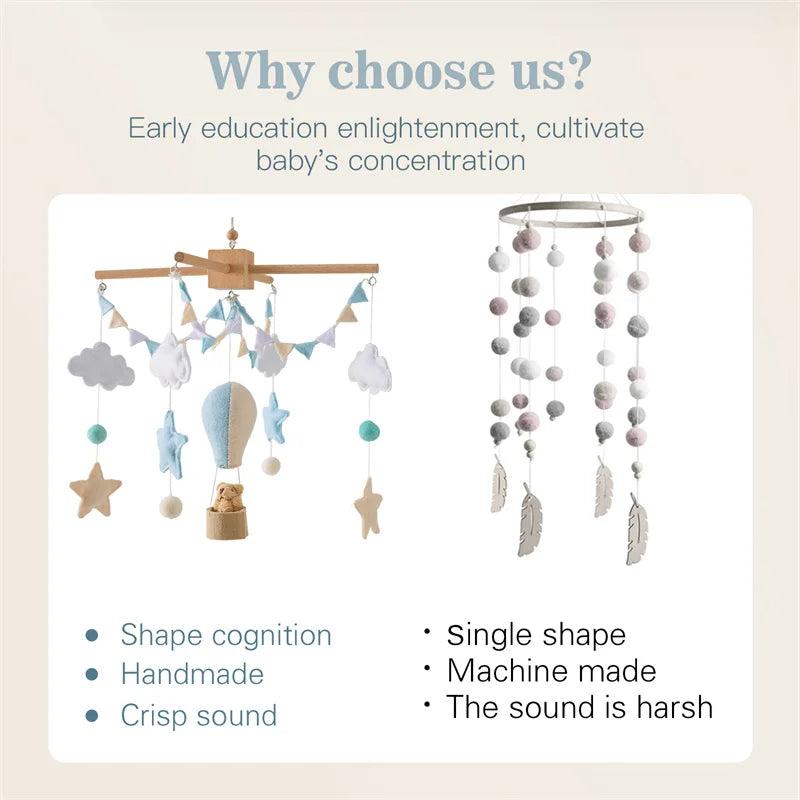 Wooden Baby Rattles Toy 0-12 Months Soft Felt Cartoon Hot Balloon Bed Bell Newborn Music Box Holder Bracket Infant Crib Toy Gift