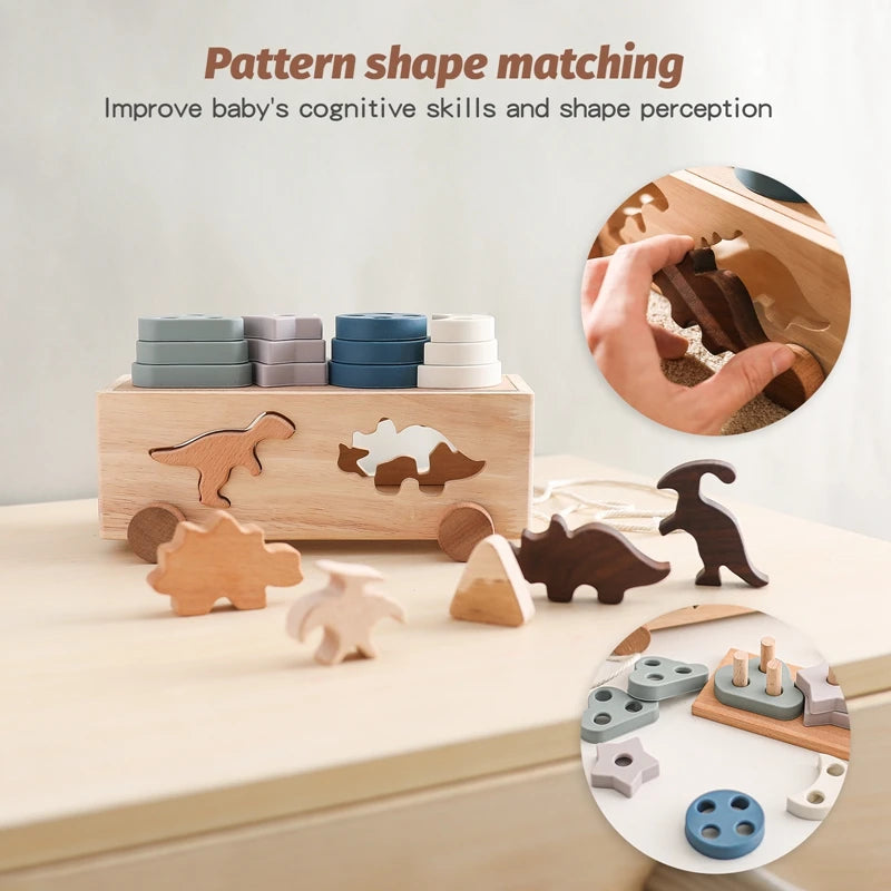 Kids Wooden Dinosaur Intelligence Car Toys Baby Stacking Multifunctional Shape Cognitive Toy Baby Montessori Education Toys Gift