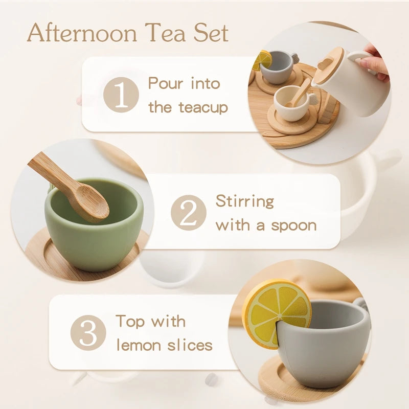Kids Wooden Afternoon Tea Set Montessori Toy Children Playing House Kitchen Children Educational Learning Toys Blocks Baby Gifts