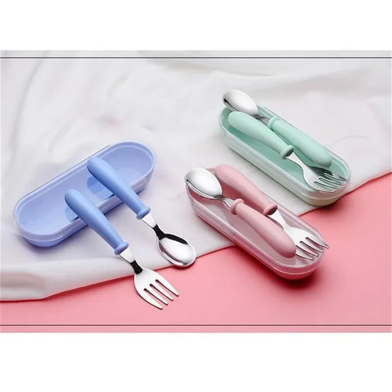 Infant Food Feeding Spoon Fork Baby Gadgets Tableware Set Utensil Stainless Steel Toddler Dinnerware Cutlery детская посуда