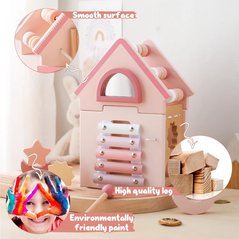 Baby Montessorri Toys Wooden Five-in-one Pink House Blocks Toy Xylophone Multifunctional Busy Toy Geometric Educational Toy Gift