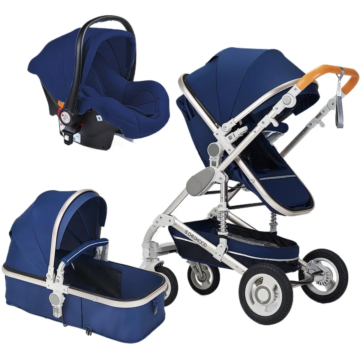 Multifunctional Baby Stroller with Car Seat, High-view Three-in-one Baby Stroller, Foldable, Two-way, Adjustable Armrests
