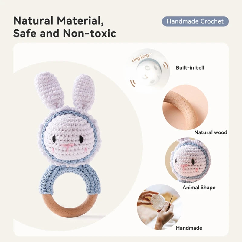 Wooden Baby Rattle Toys Wooden Teether Music Ring Crochet Rabbit Music Rattles Soother Bracelet for Toddler Baby Teething Gifts