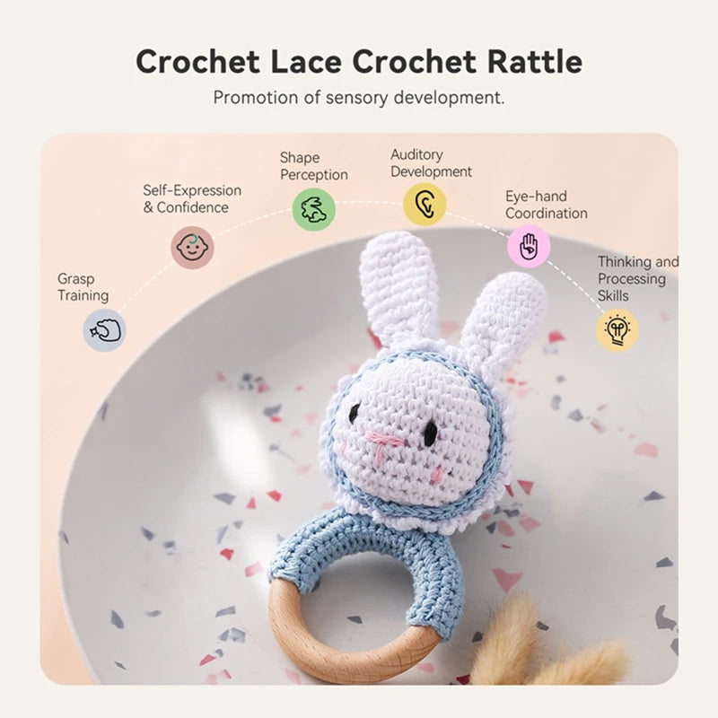 Wooden Baby Rattle Toys Wooden Teether Music Ring Crochet Rabbit Music Rattles Soother Bracelet for Toddler Baby Teething Gifts