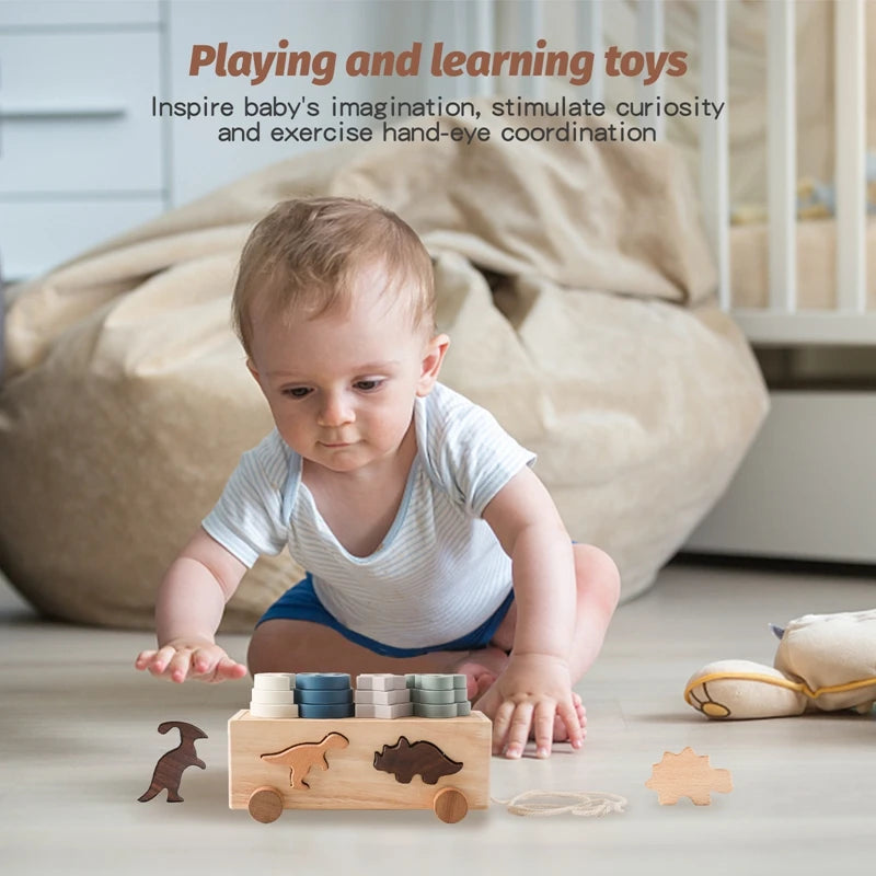 Kids Wooden Dinosaur Intelligence Car Toys Baby Stacking Multifunctional Shape Cognitive Toy Baby Montessori Education Toys Gift
