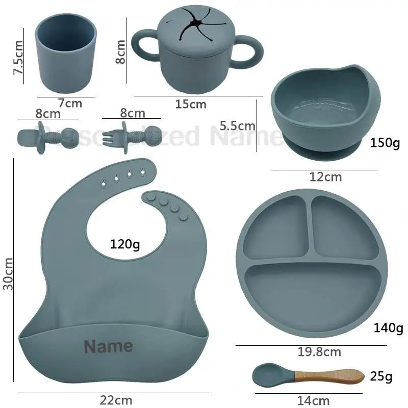 9Pcs Baby Silicone Feeding Sets Suction Cup Bowl Dishes Kids Spoon Fork Feeding Snack Cup Personalized Name Baby's Tableware