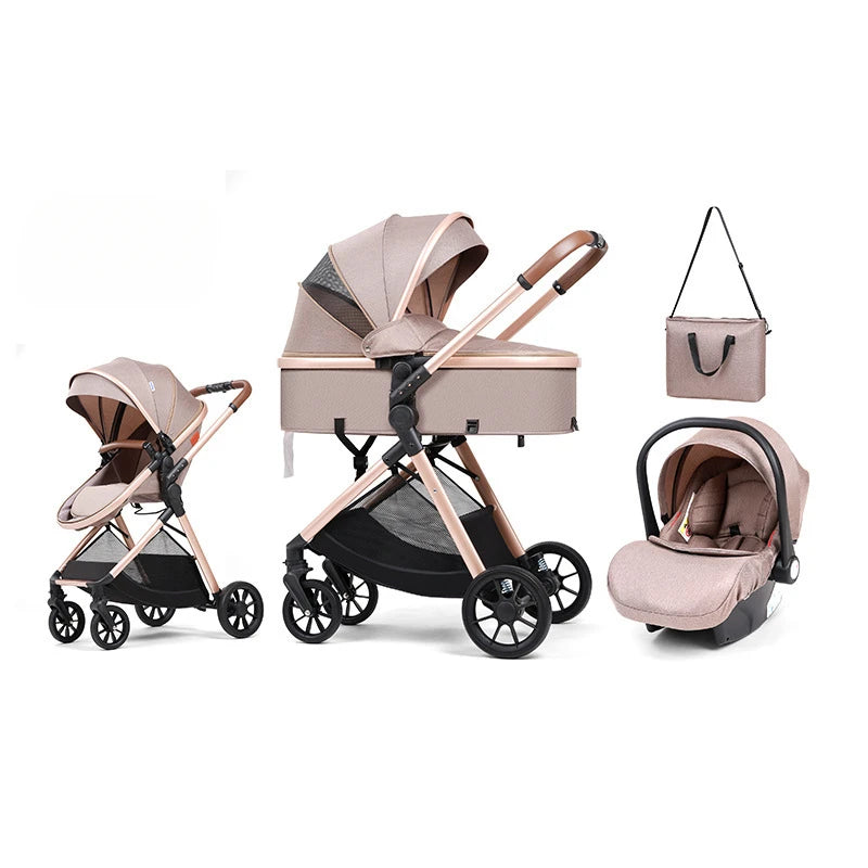 3 in 1 multifunctional baby stroller equipped with car seats for sitting and lying down, lightweight and comes with a mommy bag