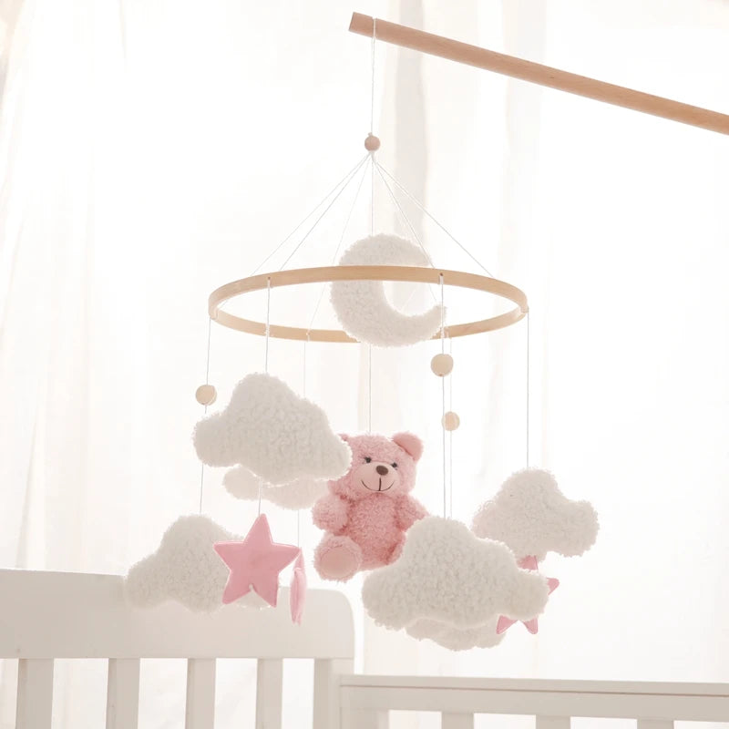 Crib Mobile Wooden Bed Bell Soft Felt Cartoon Rabbit Mobile Hanging Rattles Toys Newborn Music Box Bed Bell Hanging Bracket Toys