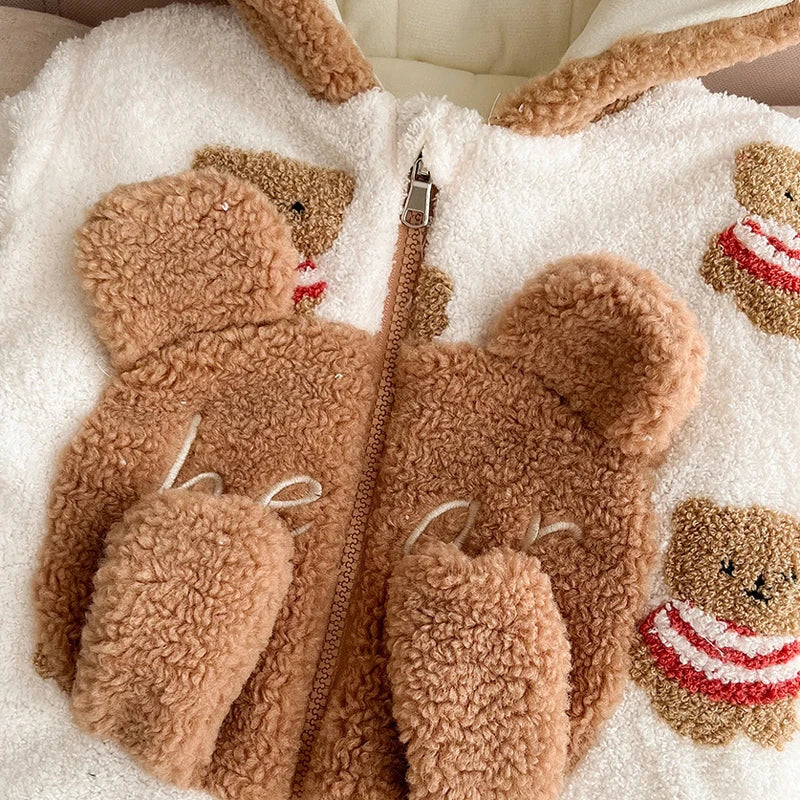 IYEAL New Autumn and Winter Cute Little Bear Hooded Warm Fleece Cotton Long-sleeve Jumpsuit for Baby Boy and Girls Baby Clothes